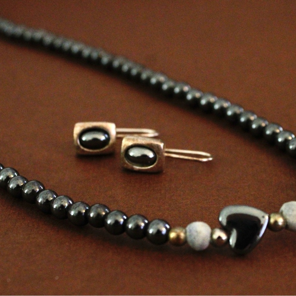 Hematite Sterling Silver Heart Necklace Earring Jewelry Set 3 Piece